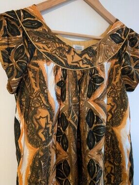 Vintage Liberty House Muumuu Tiki Idol  Orange Tone Hawaiian Cap Sleeve Dress